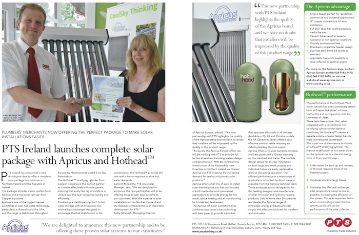PTS Ireland launches Apricus and Hothead solar hot water package